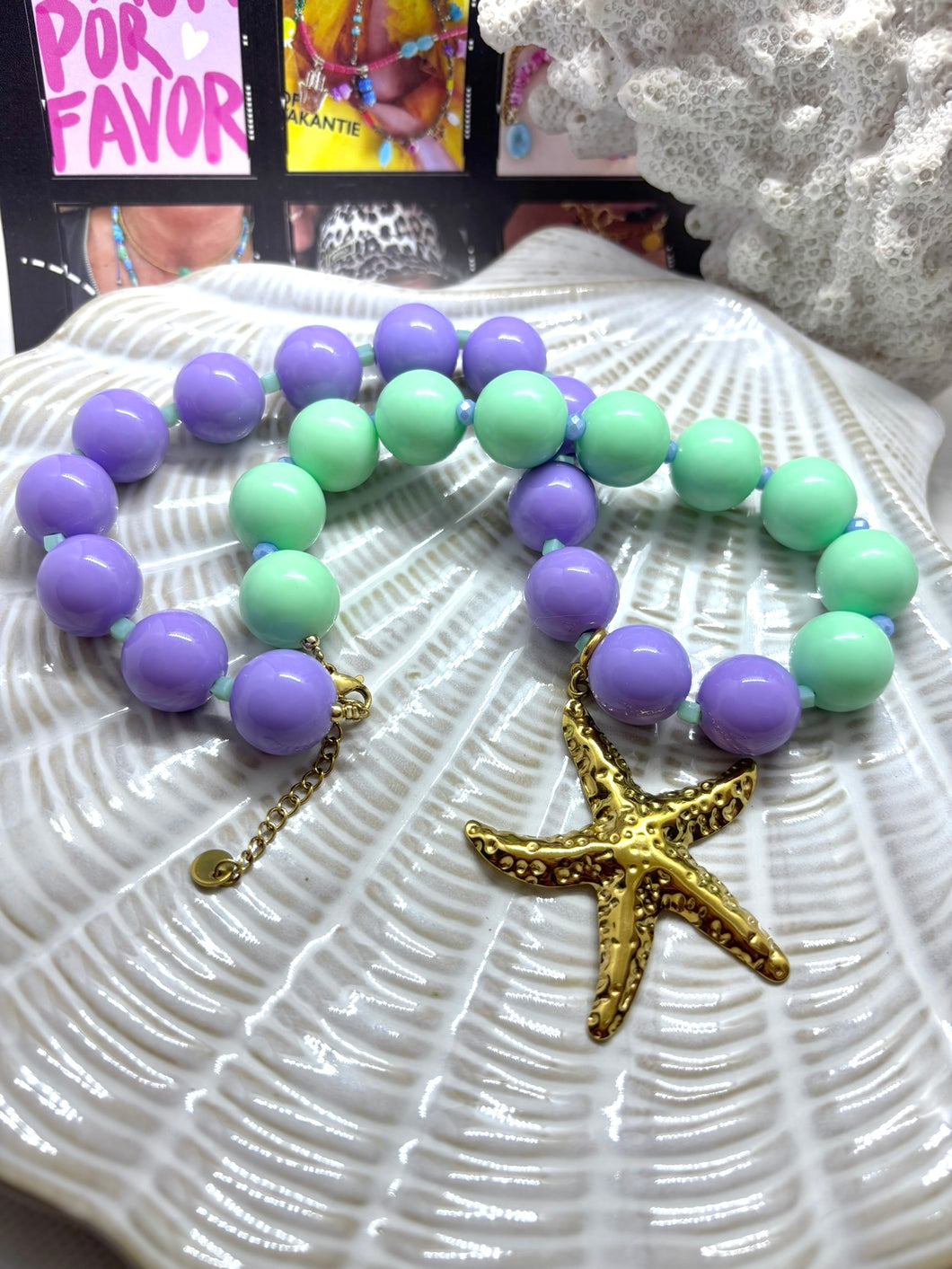 Grote kralenketting mix purple/mint met afneembare bedel