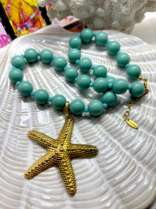 Zeegroene kralenketting met afneembare zeester bedel