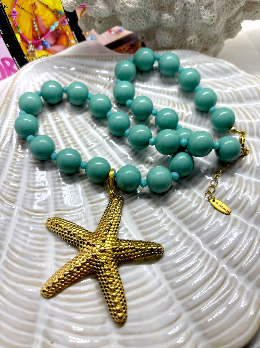 Zeegroene kralenketting met afneembare zeester bedel