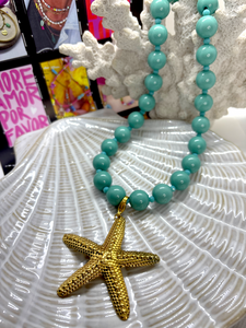 Zeegroene kralenketting met afneembare zeester bedel