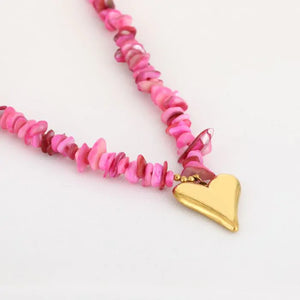 Fuchsia chipstone kralen en hart bedel van Stainless steel
