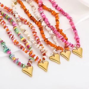 Ecru Chipstone ketting met Stainless steel hart