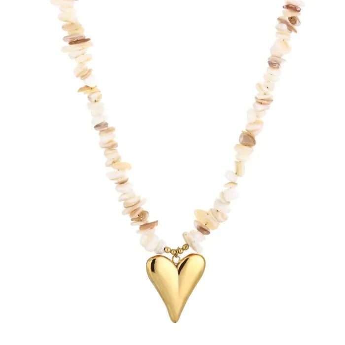 Ecru Chipstone ketting met Stainless steel hart