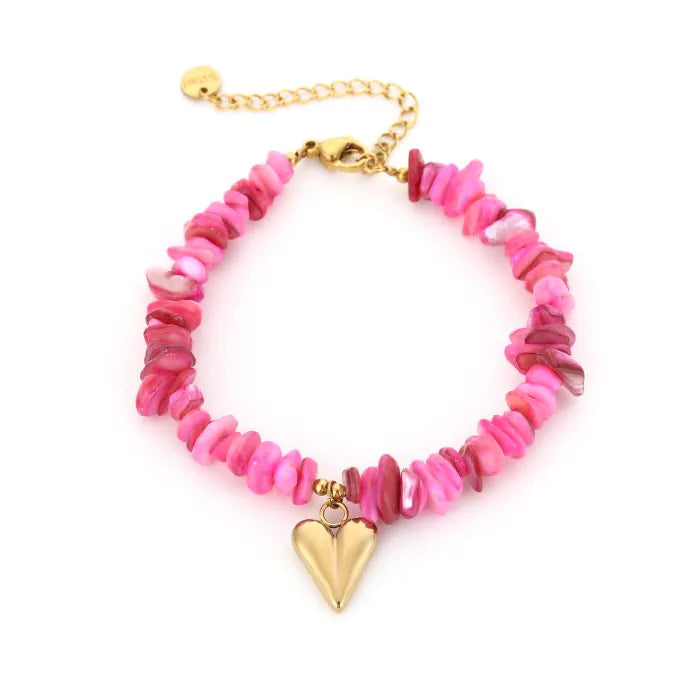 Fuchsia Chipstone armband met stainless steel hart