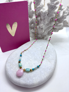 Stainless Steel ketting met natuursteen “pink/mint”