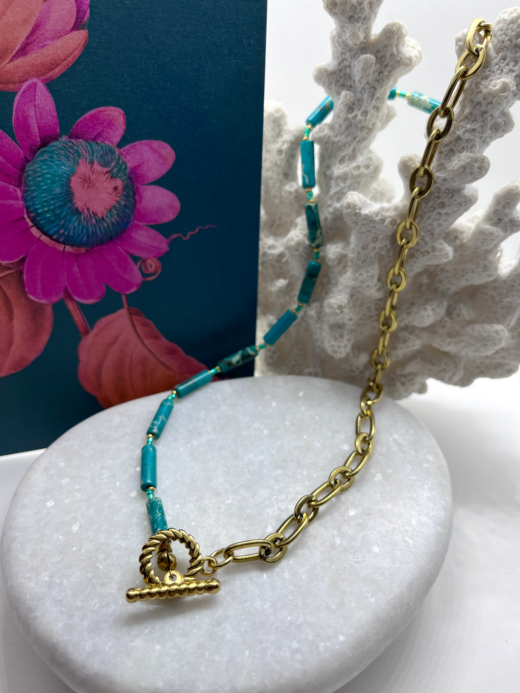 Premium Stainless steel ketting natuursteen “turquoise”