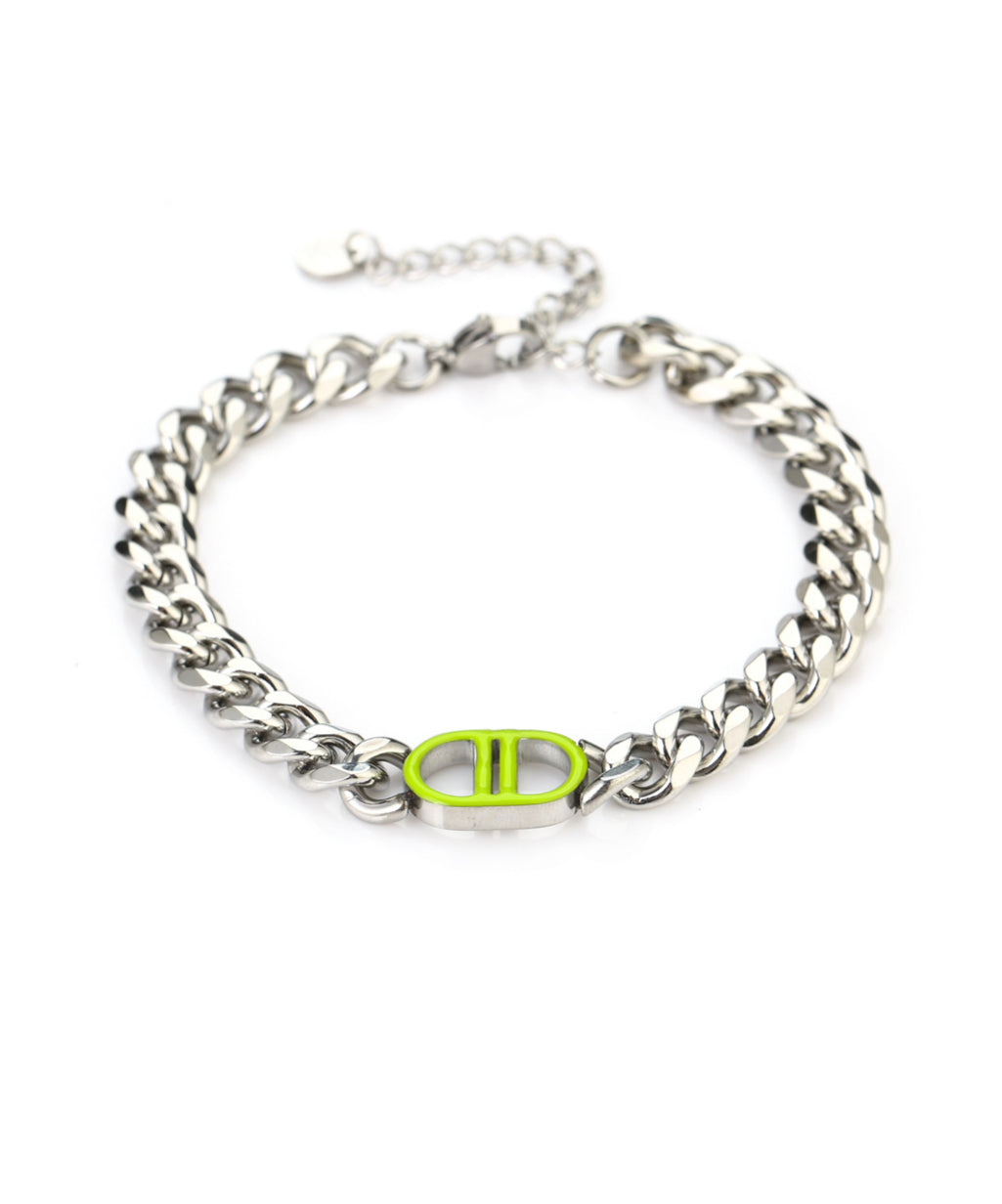 Zilverkleurige Stainless armband “neon yellow”