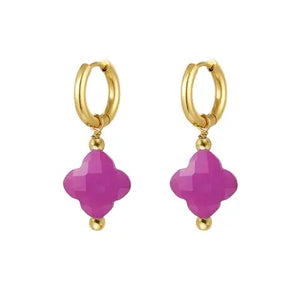Stainless Steel oorbellen met natuursteen klaver “fuchsia”