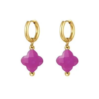 Stainless Steel oorbellen met natuursteen klaver “fuchsia”