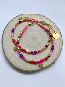 Kralenarmband orange/fuchsia star “gold”